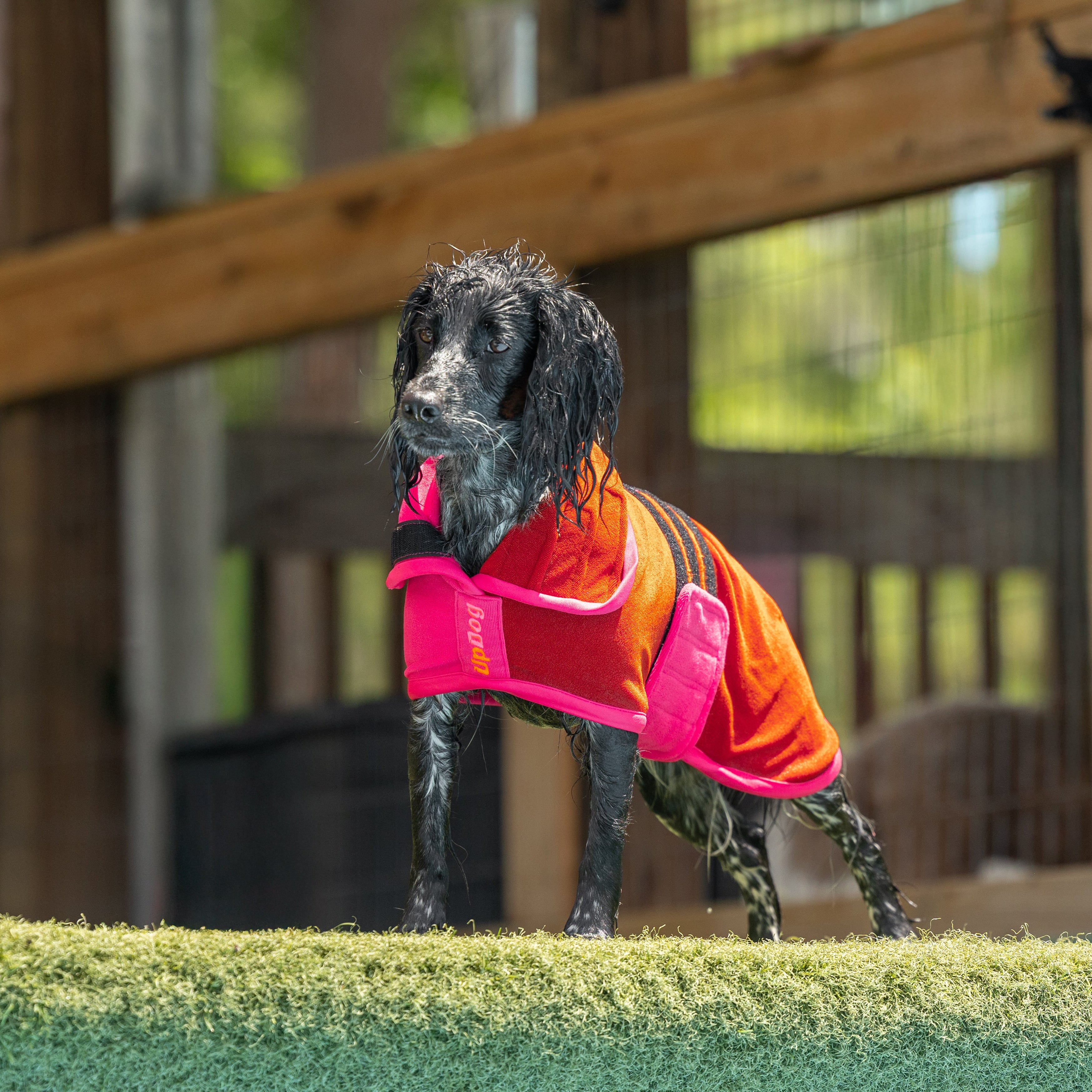 Pink/Orange drying coat shown in size 35